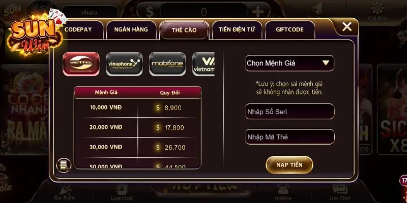 Nạp Tiền Sunwin - Tổng hợp Các Phương Thức Nhanh Gọn 2 Cổng game cũng cung cấp hình thức nạp tiền Sunwin qua thẻ cào